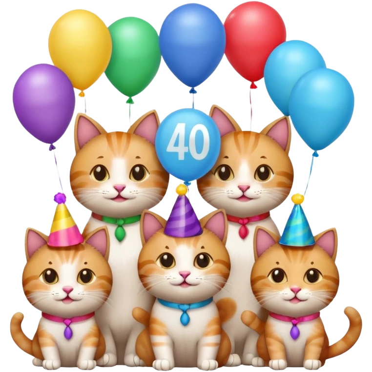 six cats at a 40th birthday party, one cat holding a '40' balloon, cheerful, emoji style emoji