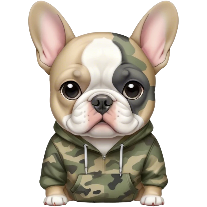 Grey and white French bulldog with camo hoodie on emoji