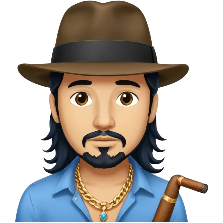 Man with black long wavy hair, brown eyes, tan skin and light black goatee blue shirt fedora hat gold chains with a cigar emoji