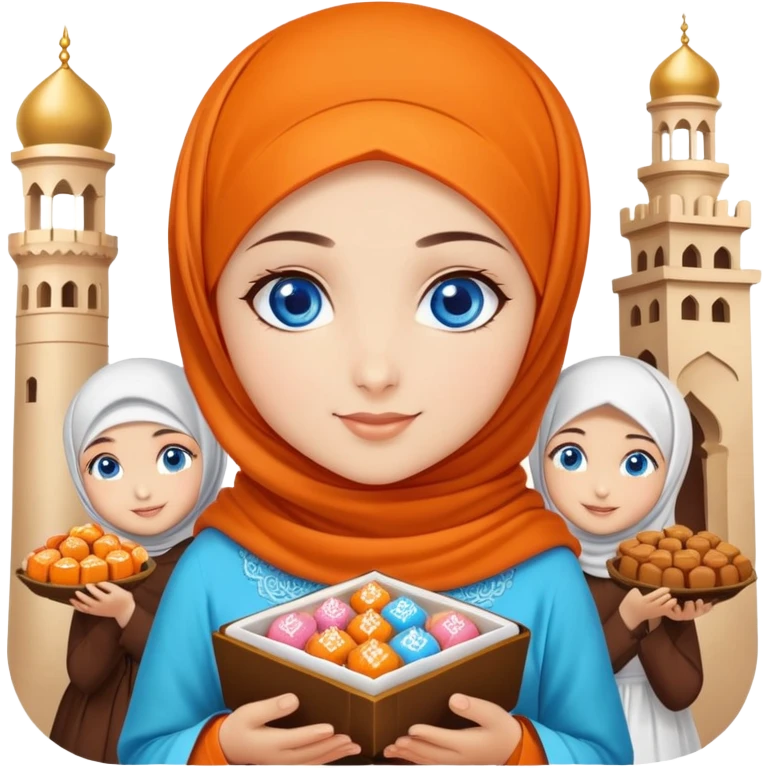 Turkish beautiful finish Konya girl blue eyes with orange hijab islamic dress and had on her hand text Eid Mubarak with sweets and celebrating with her friends eid days   emoji