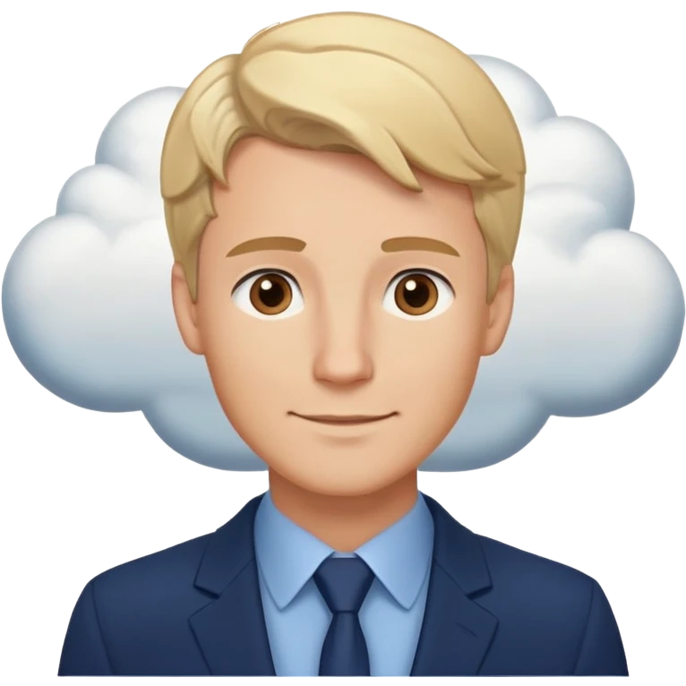 Expressive ,Blond man with brown eyes,warm smile, curious, cartoon style,navy-blue, background has thought clouds elegant 💭 emoji