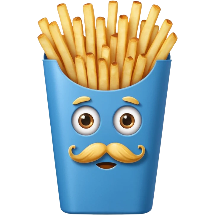 long slim crispy fries in a blue carton, carton has eyes and mustache emoji