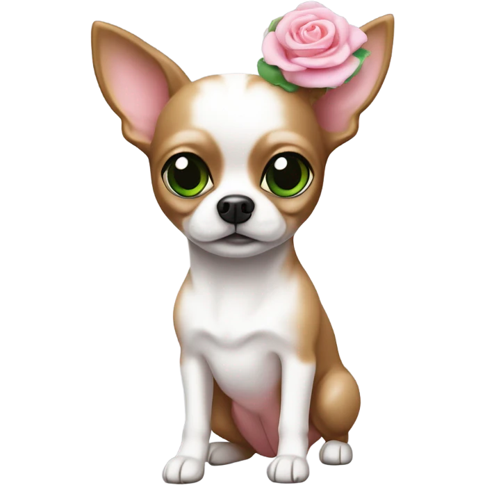 Un chihuahua blanc avec un noeud rose qui fait un câlin à sa maîtresse brune au yeux vert avec le teint pale  emoji