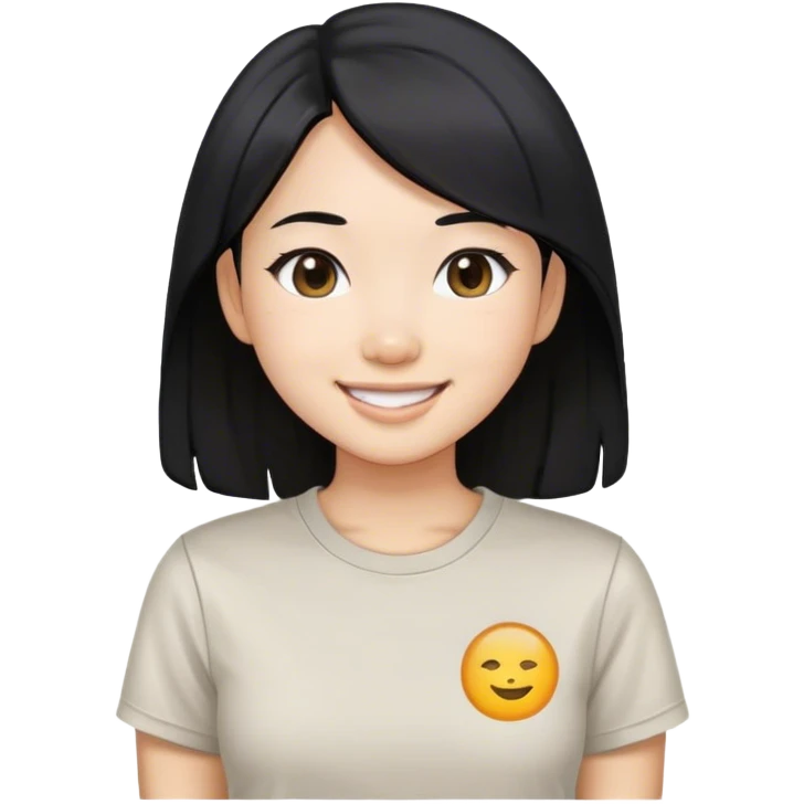 an asian girl with straight black hair, slight waves, smiling, wearing tshirt emoji
