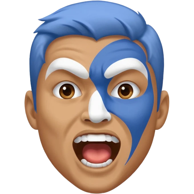 A man with half-blue, half-white face paint, shouting proudly. emoji