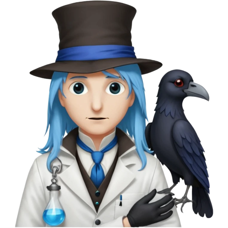Plague Doctor with light-blue beautiful hair, long hair tendril bangs down on the sides, white lab coat, blue cravat, black feathers on shoulder, raven companion, black gloves, red eyes emoji