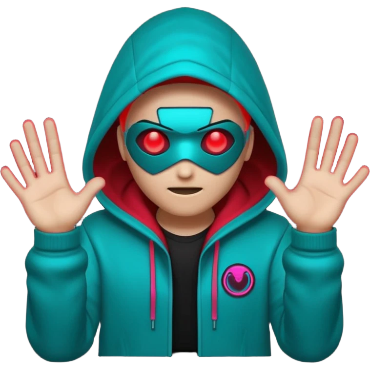 Neon cyberpunk hooded hacker emoji using the exact original palette: crimson red glow, cyan/teal highlights, black shadows. Character shakes head “no” and shows stop hand. Text “NO TO SCAMS” in red neon. Smooth looping animated sticker, transparent background, Discord emoji style. No new colors. emoji