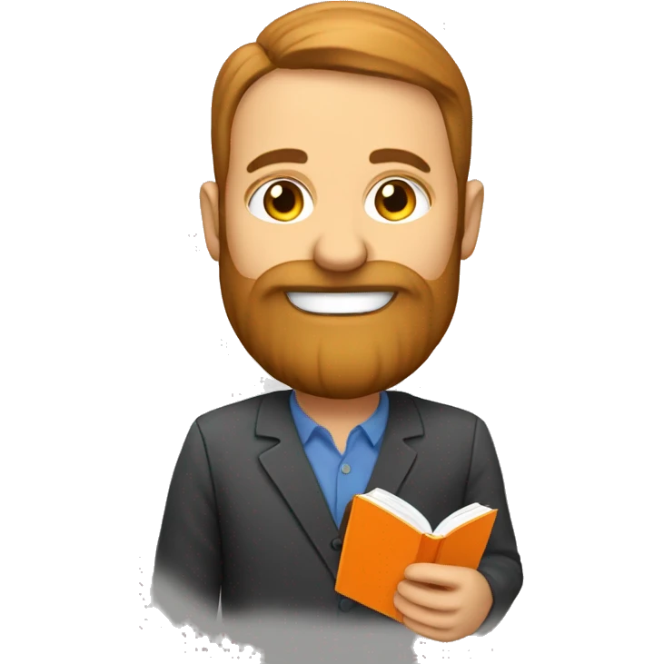 a CAUCASIAN teacher WITH BEARD promoting an orange book emoji