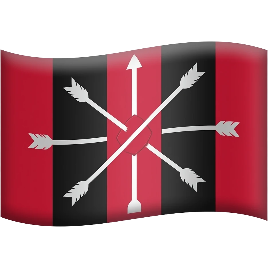 Bandera con 3 líneas verticales roja, negra y roja con un yugo y 5 flechas en la banda central de color rojo emoji