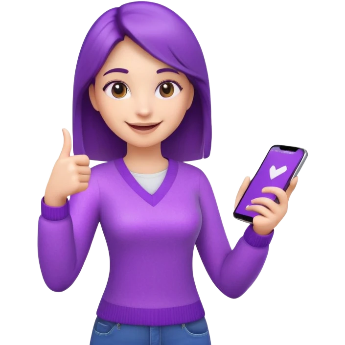 3D emoji of a cheerful young woman in casual clothes holding a phone and pointing at a checklist, sparkles around, purple theme, for a home service app emoji