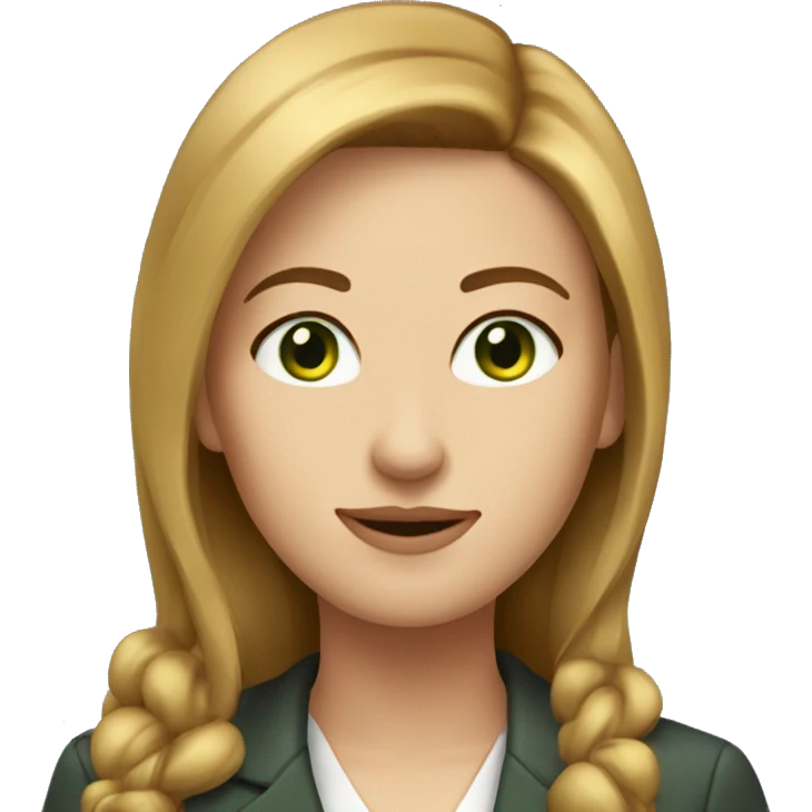 executive woman, straight golden brown hair, green eyes, heart shaped face emoji