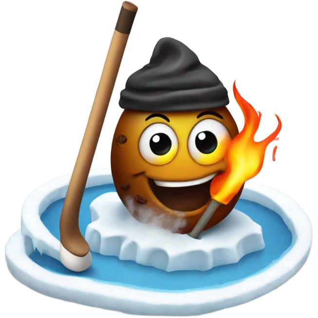 Flaming poop holding a hockey stick while on ice emoji