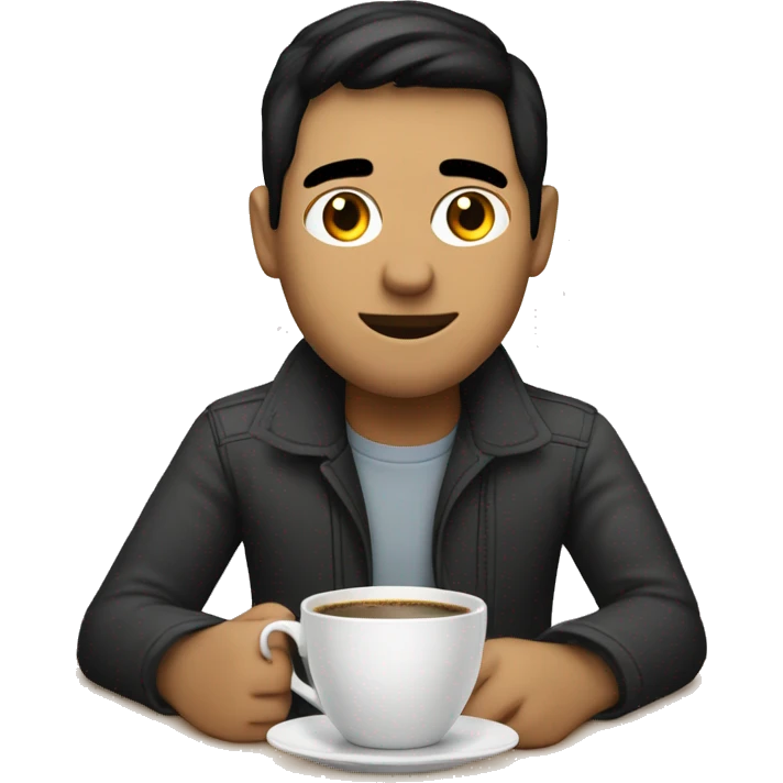 programmer with black hair programming in his mac, having coffee as well emoji