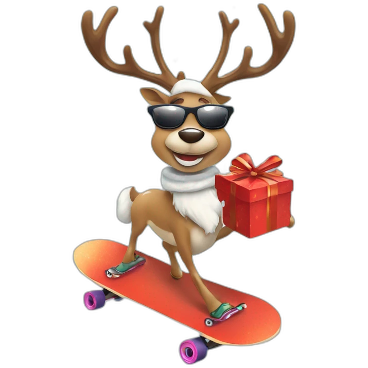Stylish Reindeer wearing sunglasses delivering Christmas gift on skateboard, snowy background emoji