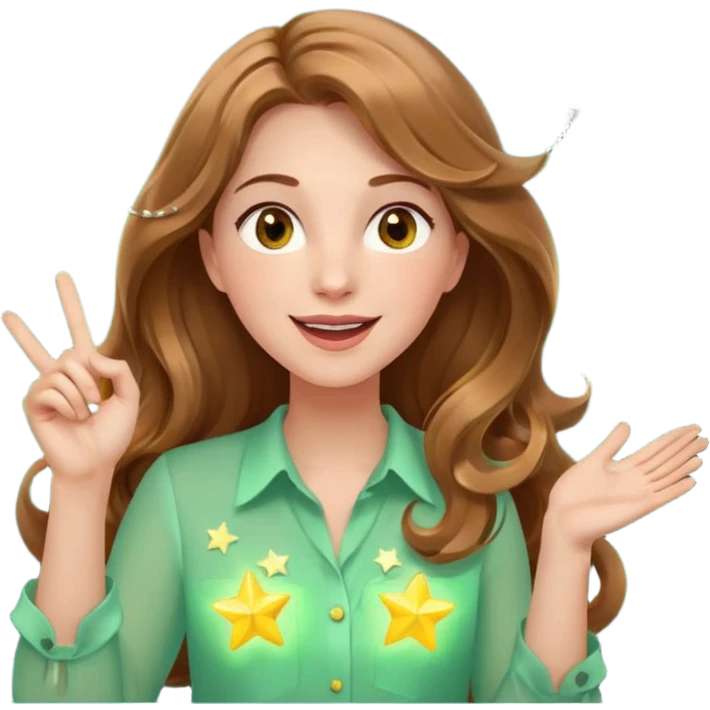 Joyful and imaginative woman with fair skin, long wavy light brown hair, hazel eyes, wearing a light green blouse with yellow accents, holding a glowing lightbulb and gesturing outward. Surrounded by stars, sparkles, speech bubbles, a paper plane, and a small heart. Waist-up, front-facing emoji