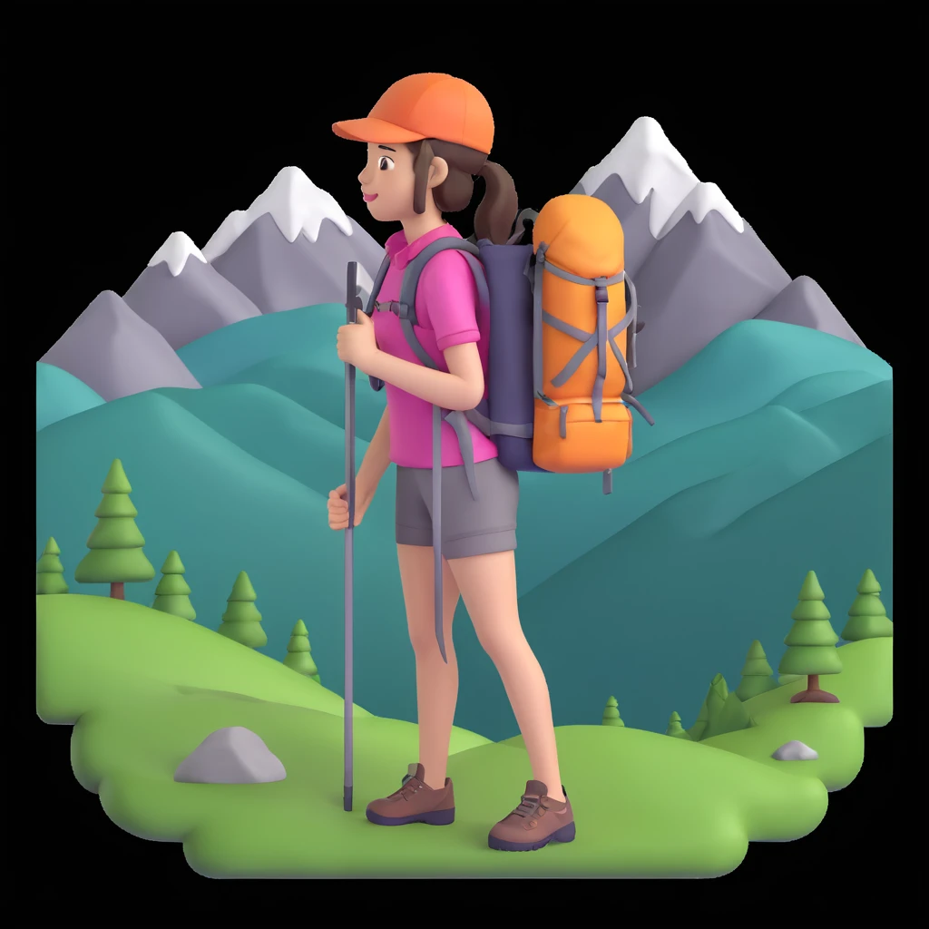 portrait of girl back packing mountains in background, close up pose emoji