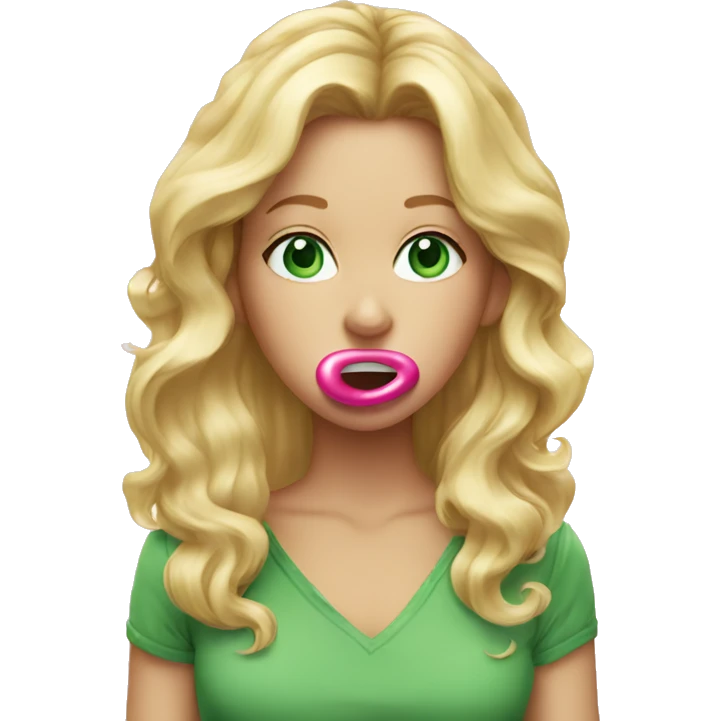 blonde female hair down with green eyes blowing a pink bubble gum emoji