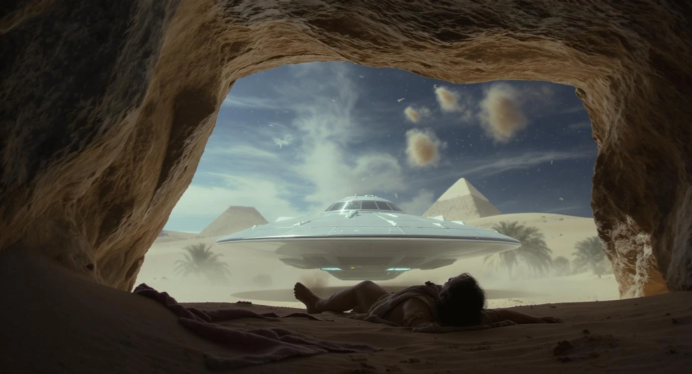 cinematic still, documentary photography, acient egypt, back shot of a man dress in ancient clothes in cave (frame in frame effect) on ground laying front of small ufo starship, sand flying around, palms, dynamic scane, leading lines, captured by arri alexa, depth layers, piramids in babckground emoji