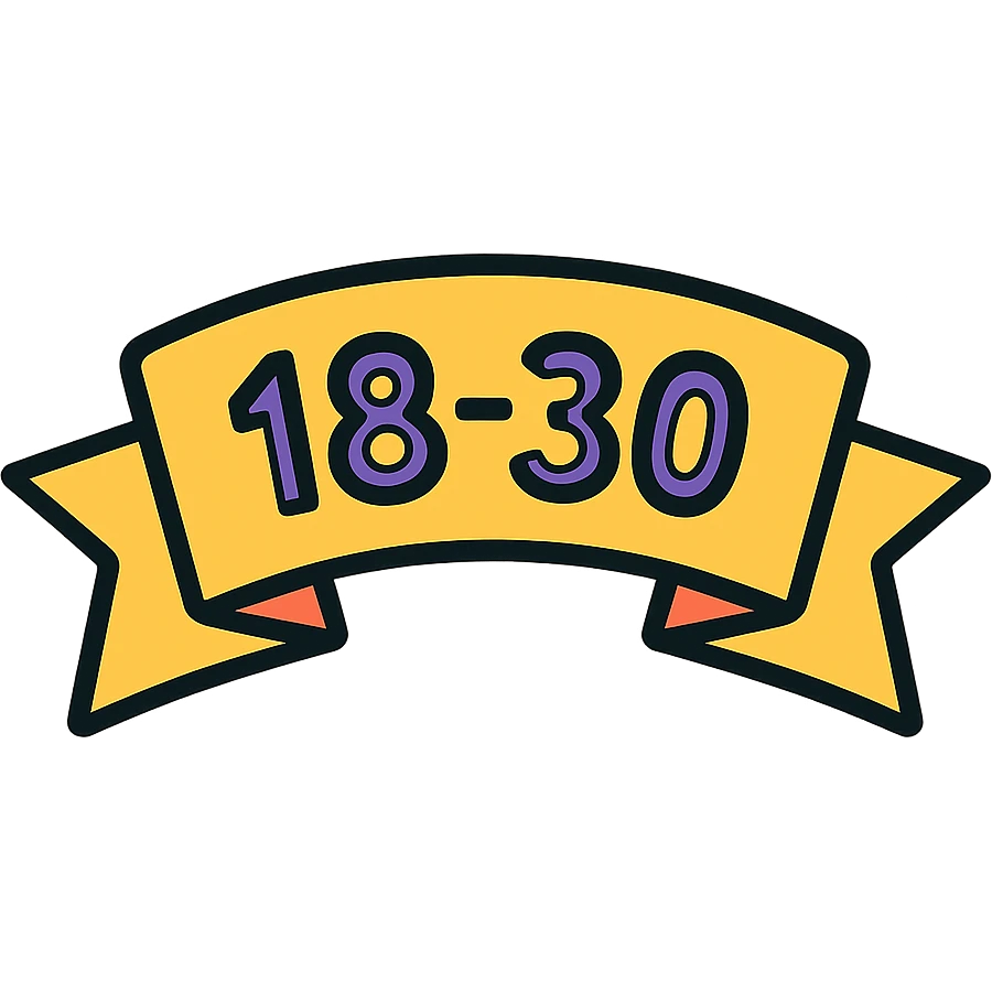 Discord role icon for 18-30 year olds, featuring a dynamic ribbon or banner with '18-30', energetic and friendly style emoji