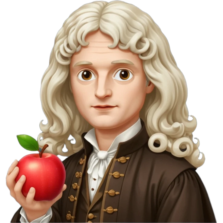 Isaac Newton wearing 17th-century aristocratic attire with long curled periwig, hold an apple emoji
