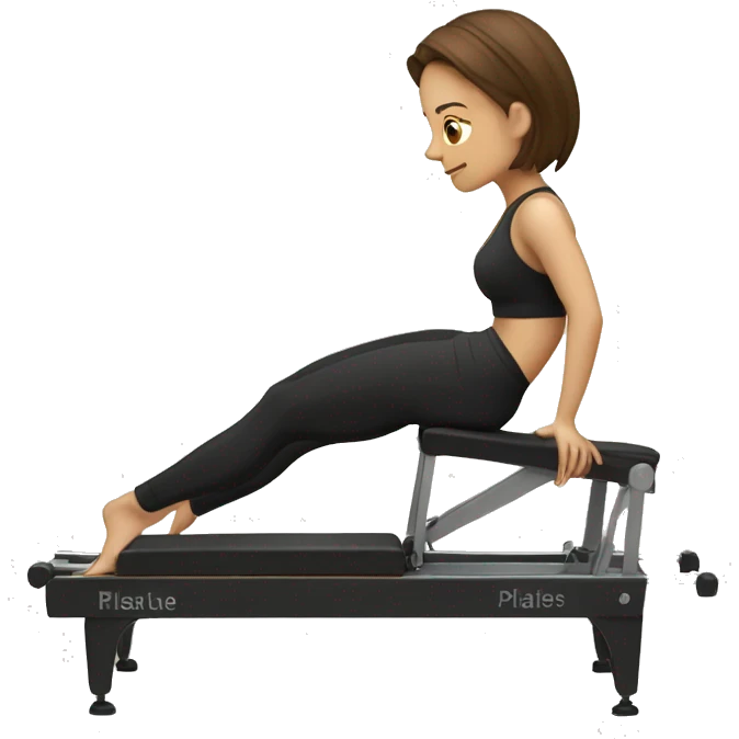 A girl with brown hair and a black sport set exercise on a Pilates reformer  emoji