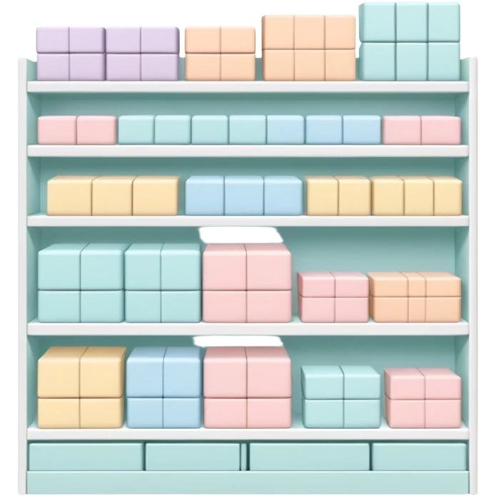 "Minimalist Japanese retail shelf display, products aligned identically across horizontal rows, vertically varied by type, clean spacing, precise symmetry, soft neutral lighting, aesthetic composition, highly organized, front-facing packages, ultra-detailed." emoji