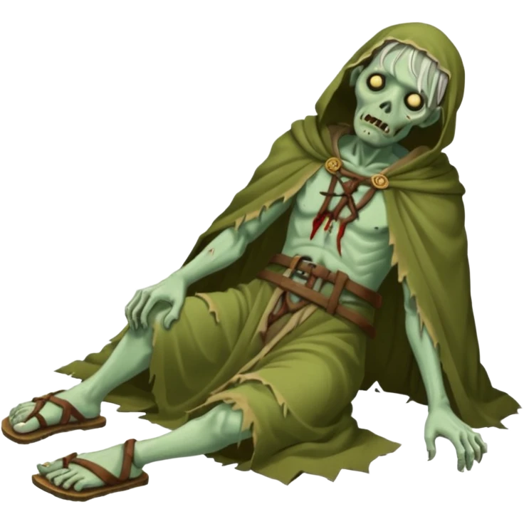 fullbody zombie leper laying on the ground, with ancient sandals and ragged cloak emoji