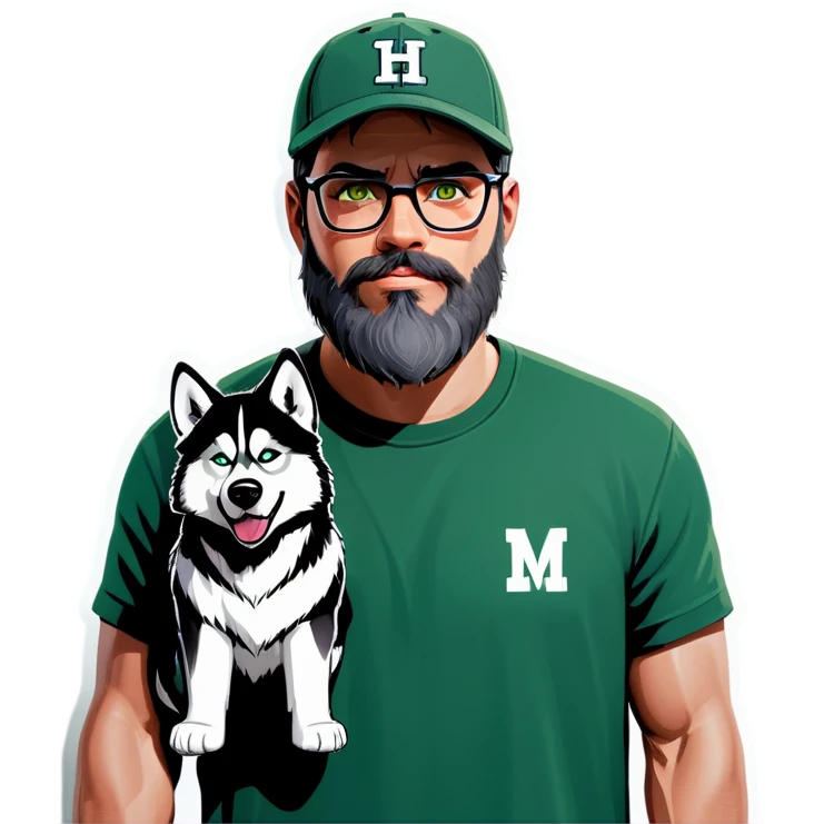 A bold man with a grey baseball cap, green eyes, big beard and glasses next to a husky dog emoji
