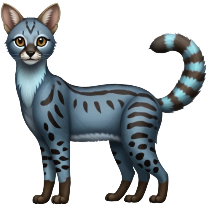 Realistic patterned marked edgy cool bluish greyish blackish whitish silvery Shiny Colorful Dusky Dark Glossy Genet-Caracal-Lion-Bobcat-fusion-animal-hybrid-creature, full body, tufted ears, long thin tufted tail emoji