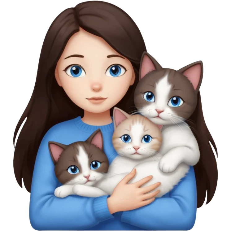 a girl with long dark 
brown hair, with blue eyes, in a
white sweater, hugs 3 different natural coloured cats emoji