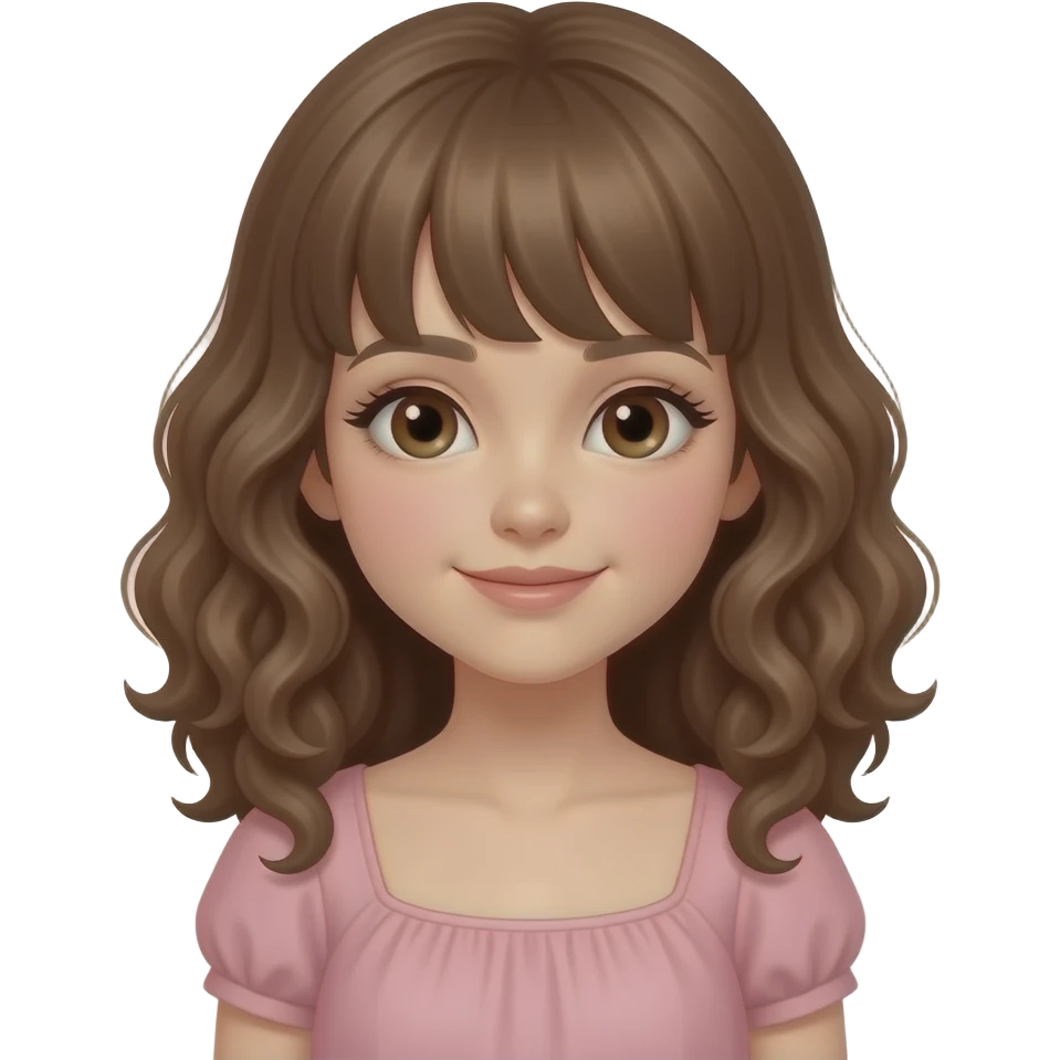 girl brown eyes, brown slightly curly hair with bangs, pale pink dress emoji