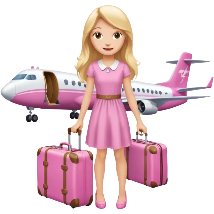 Девушка со светлыми длинными волосами счастливая в платье с розовым чемоданом в руках на фоне самолета emoji