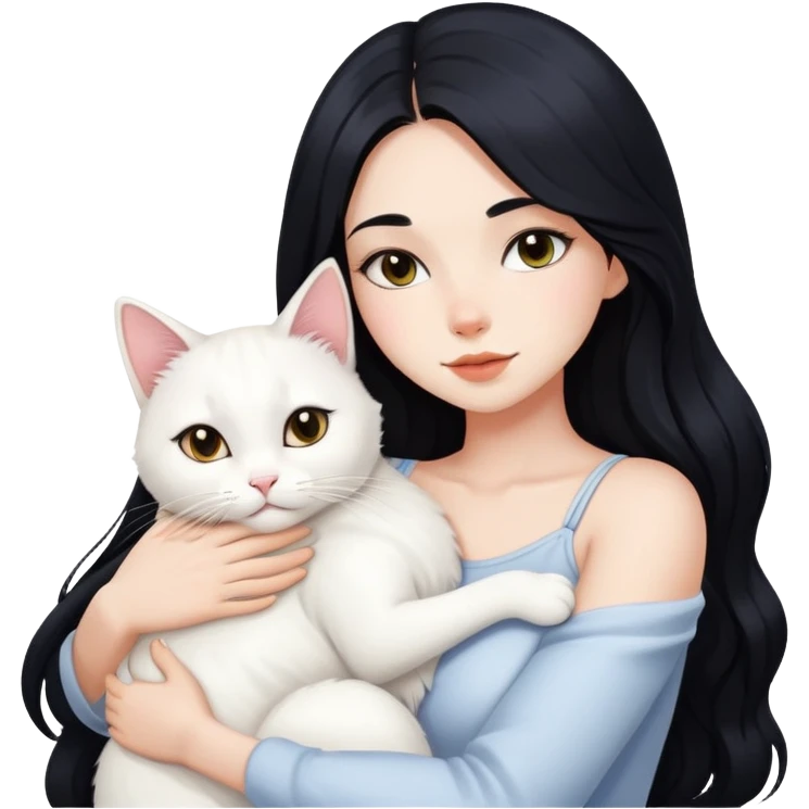 Beautiful sexy girl with long black hair hugs a white cat emoji