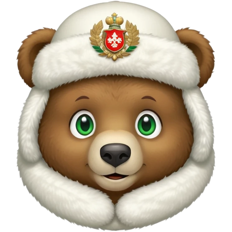 Extra cute smiling brown bear face with big green eyes, soft white fluffy ushanka hat with clear Russian Federation coat of arms emblem, iOS emoji style emoji