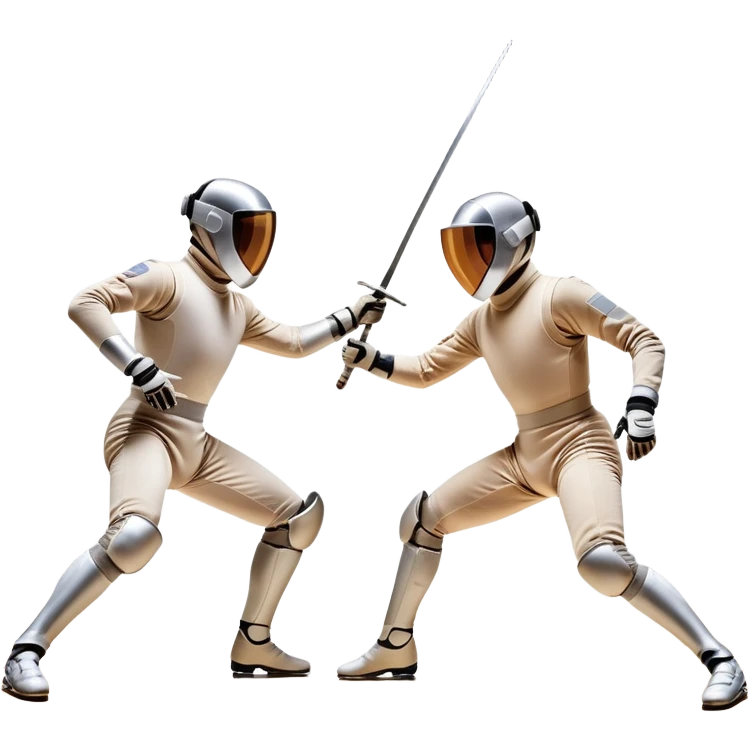 Two fencers in full protective gear duel on a professional piste. The background features a dynamic blur, symbolizing speed and precision. The scene is illuminated by bright arena lights, emphasizing the intensity of the match. Transparent background. emoji