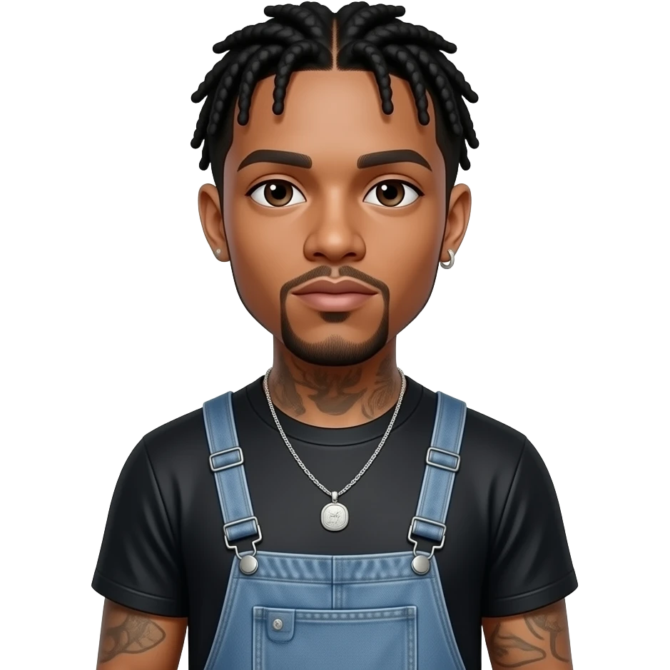 Drake with dark brown eyes, black hair, black metallic t-shirt, blue-grey metallic baggy pants, necklace emoji