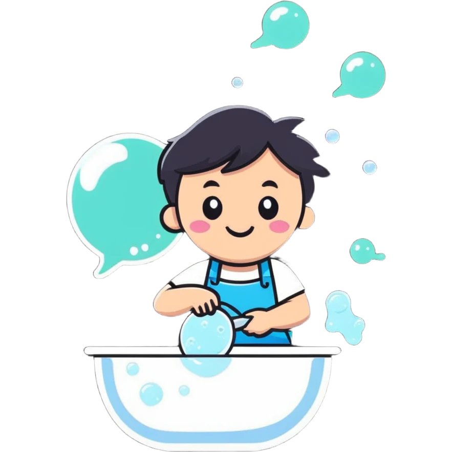 a cheerful character washing dishes with soap bubbles emoji
