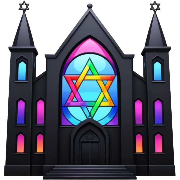 jewish synagogue temple in dark goth aesthetic style with black building and rainbow tint glass windows and star of david emoji