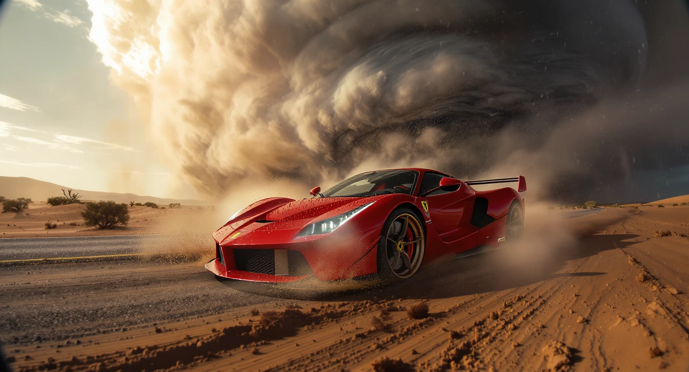 Cinematic still of a ferrari f40 around tornado od arizona desert, sun flare, big earth in background, captured by gopro hero with effect fisheye, water drops on car body, detailed emoji