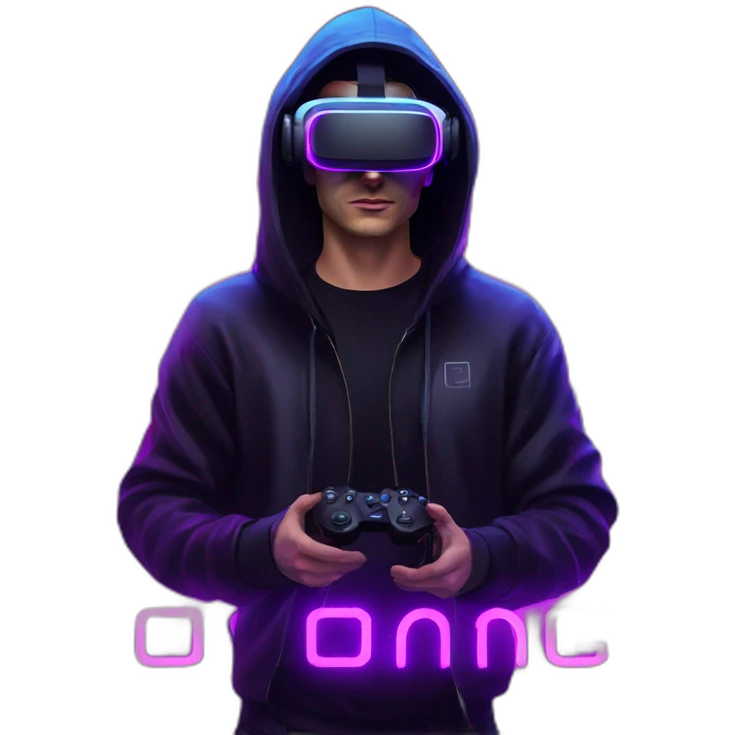 Russian man wearing a black hoodie with "OMG" letters on it and VR headset in a cyberpunk VR environment with violet neon lighting. emoji