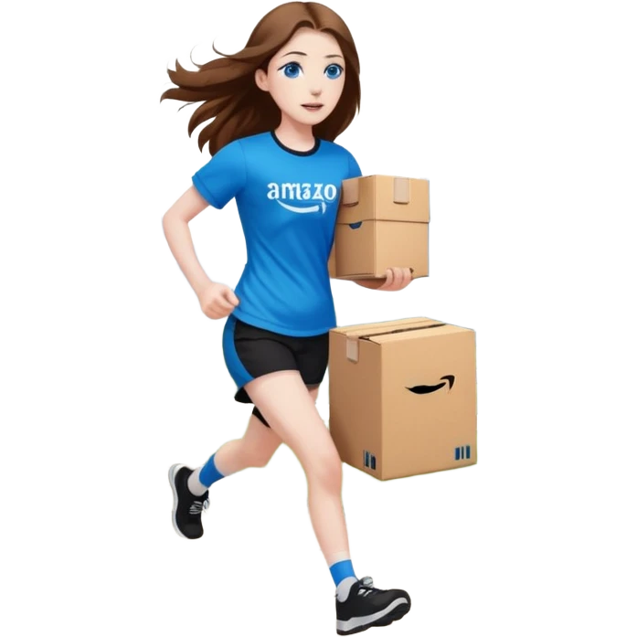 full length of a young woman with pale skin, long brown hair, and blue eyes. She is wearing an Amazon logo shirt with long black shorts. She is running outside carrying an Amazon box emoji