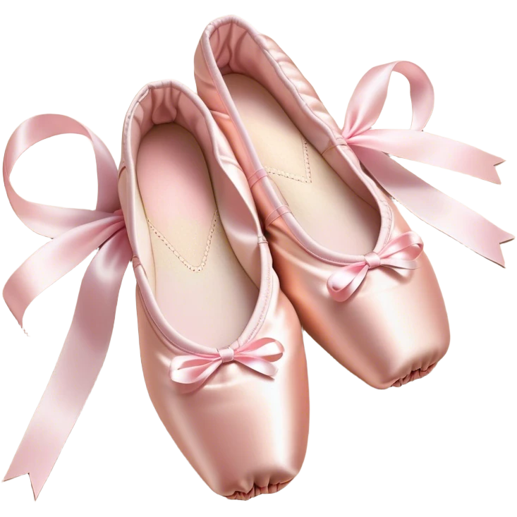 Cinematic Realistic Ballet Shoes, soft satin pink pointe shoes with delicate ribbons, resting gently on a polished wooden floor, subtle creases in the fabric, glowing under the warm golden light of a rehearsal studio, evoking elegance and grace. emoji