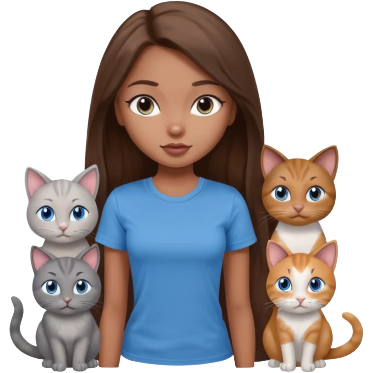 a pretty bratz dusky girl with long brown hair, blue eyes with six cats nd wearing a grey tshirt emoji