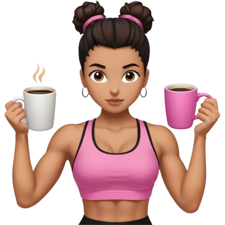 Caramel skinned toned female with a black messy bun for hair. Her eyes are a coffee color brown and almond shaped. She’s wearing a pink sports bra and showing off her flexed muscular toned biceps. emoji