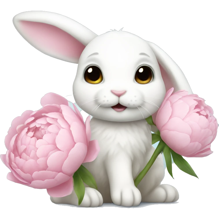 cute white bunny holding light pink peonies emoji
