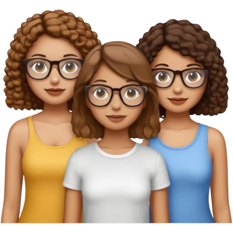 three girls, two with straight shoulder-length light brown hair and tan skin, one with short curly dark hair, wearing transparent glasses, emoji style emoji