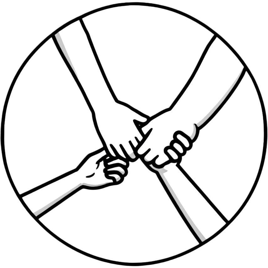 Three people of different races holding hands together in a circle, diversity and unity symbol emoji