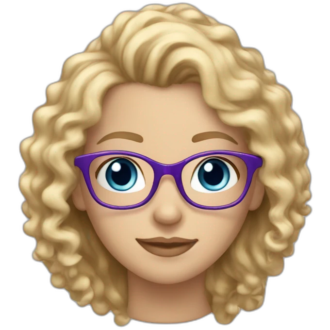 caucasian curly blonde long haired blue eyed woman with purple t-shirt and black glasses emoji