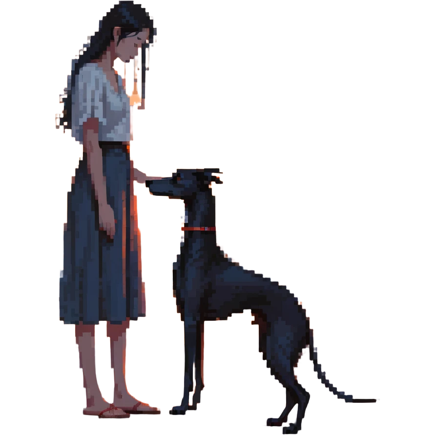 A very beautiful and attractive 25-year-old Japanese woman with long flowing black hair gently petting a SOLID DARK GREY whippet on a beach during a beautiful sunset. The woman's hand is lovingly stroking the whippet. The whippet MUST be COMPLETELY SOLID DARK GREY with ABSOLUTELY NO WHITE MARKINGS ANYWHERE - no white chest, no white face, no white paws, no white tip on tail - ENTIRELY ONE SOLID DARK GREY COLOR throughout the entire dog. Orange and red sunset sky over the ocean, sandy beach in the foreground. emoji