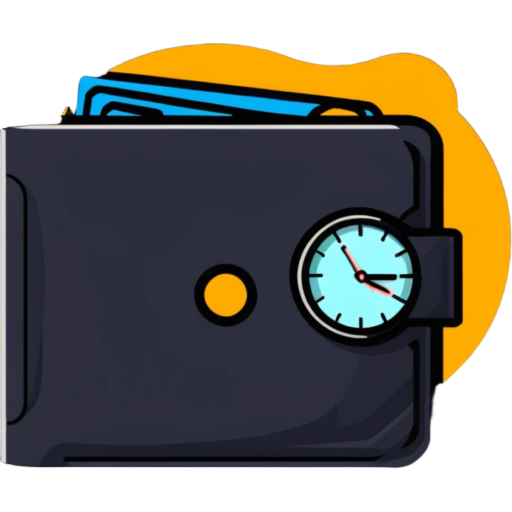 wallet with a zooming clock with motion blur in top right corner, clock with speed streaks, speedometer-style clock showing fast service emoji